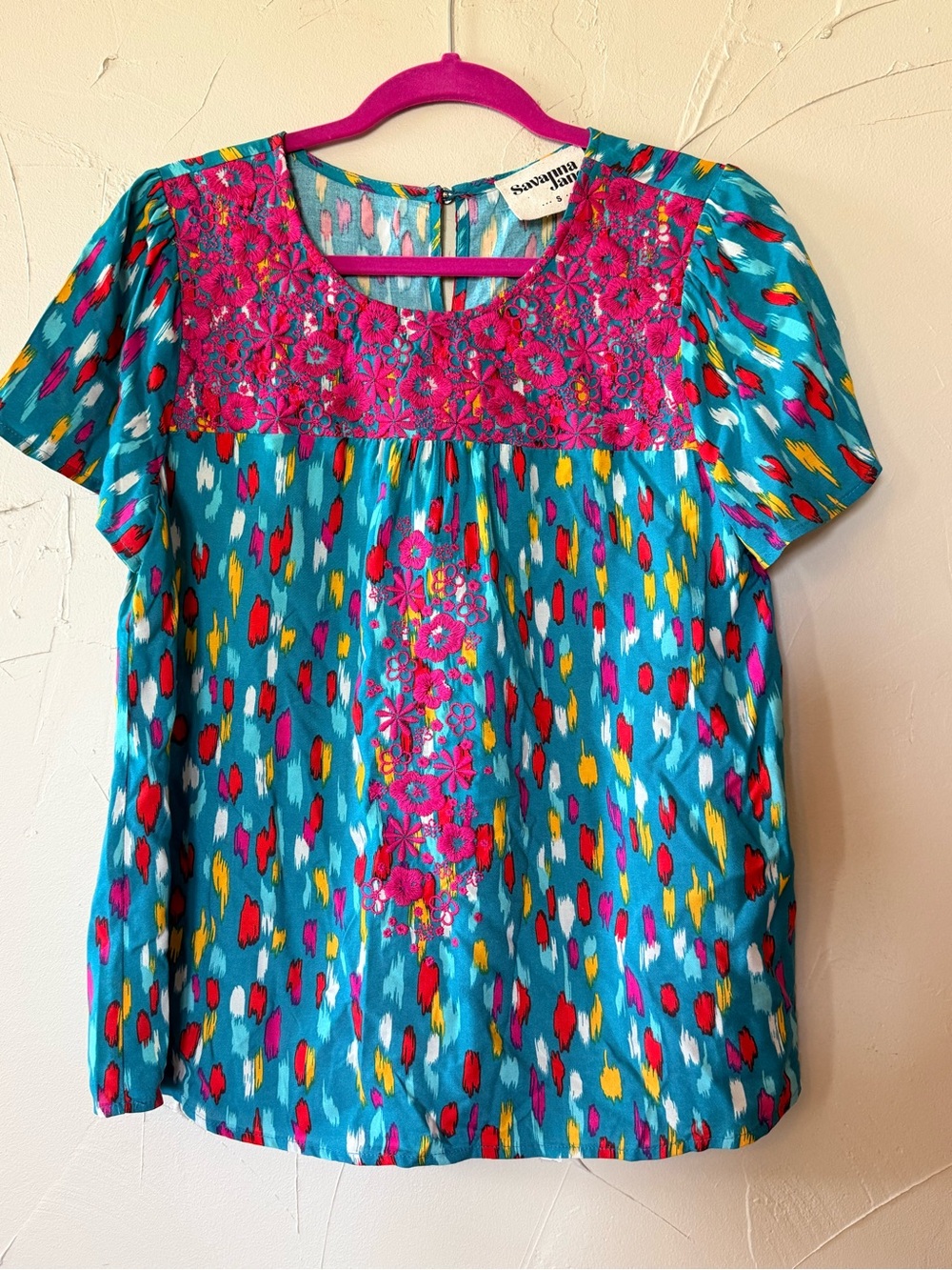 Savannah Jane  Teal Embroidered Floral Short Sleeve Top colorful